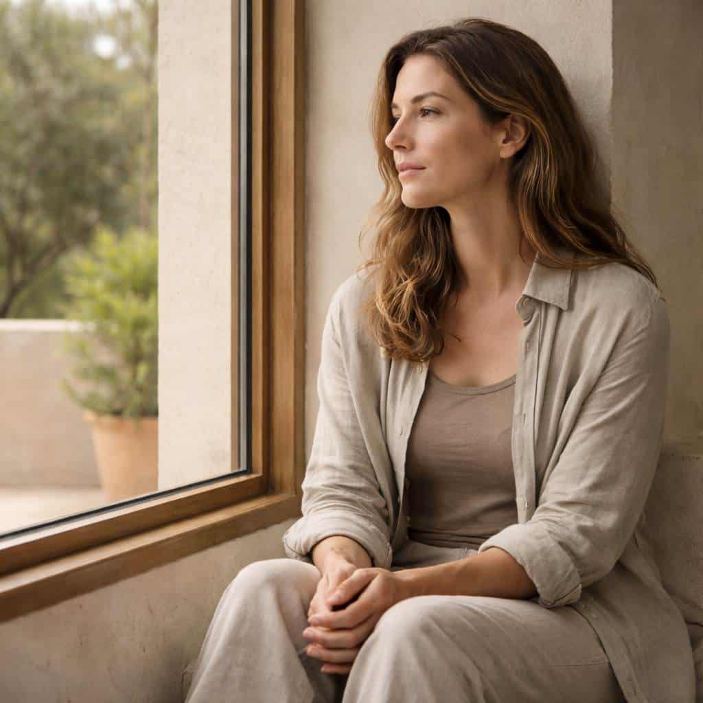 Mujer meditando en una ventana, promoviendo bienestar y equilibrio en Valencia.